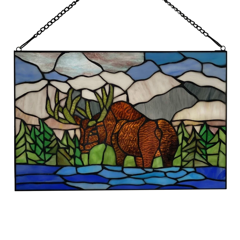 12" H Moose in Mountainscape Stained Glass Window Panel