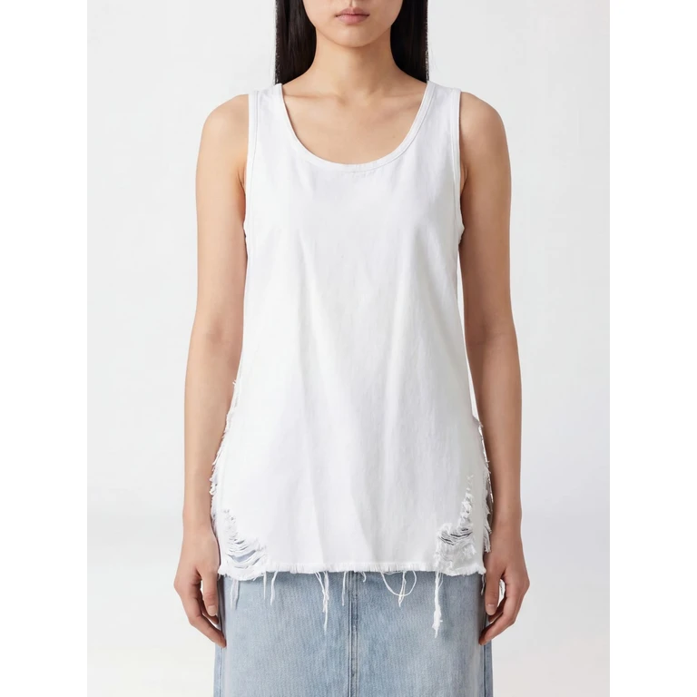 Sleeveless U-Neck Top in Cotton Blend with Fringed Hem (WTO10TWB03W008)
