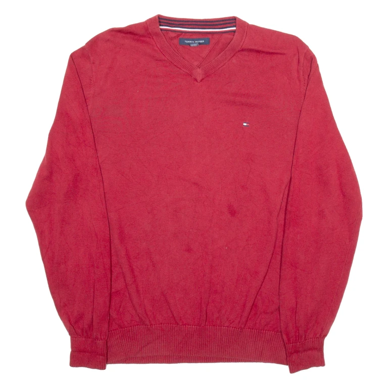 TOMMY HILFIGER Mens Jumper Red V-Neck Tight Knit XL