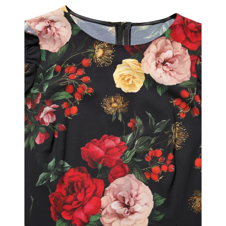 Black Floral Crepe Frill Detail Blouse Top Viscose Elastane - Women