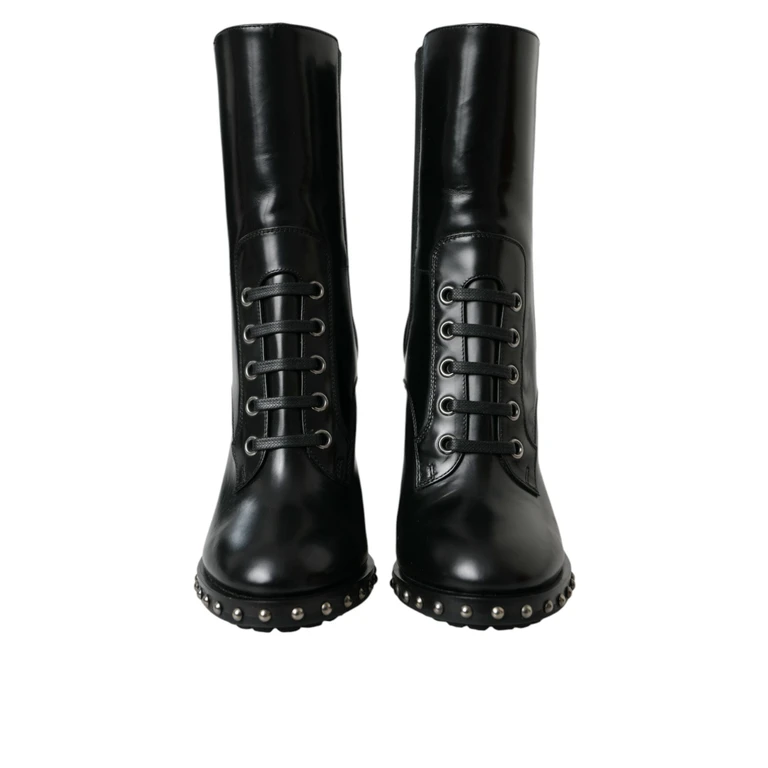 Dolce & Gabbana Black Leather Studded Lace Up Boots Shoes - Women