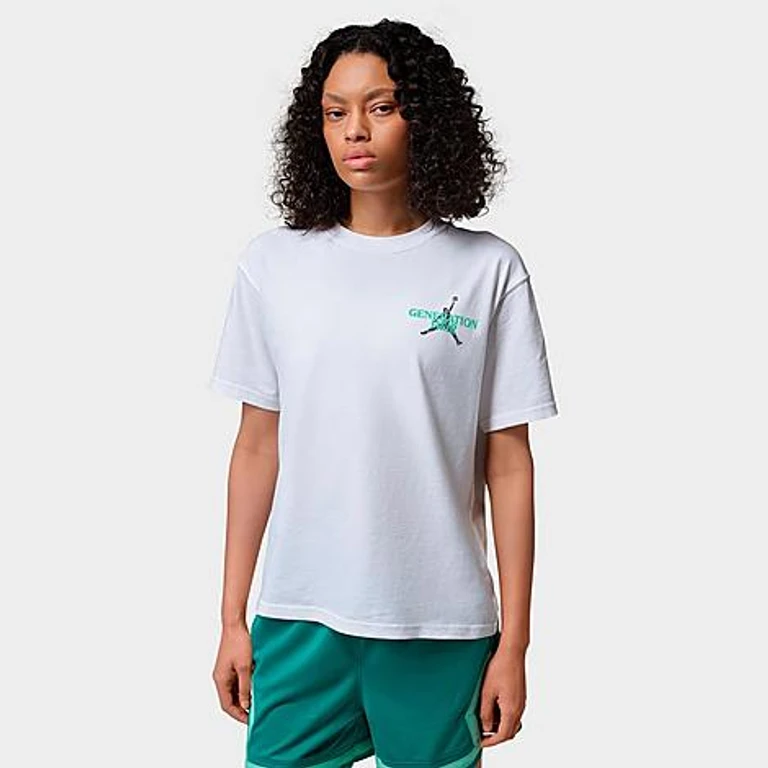 Jordan Women's Sport Dri-FIT Graphic T-Shirt in White/Green Glow/Black Size: XS