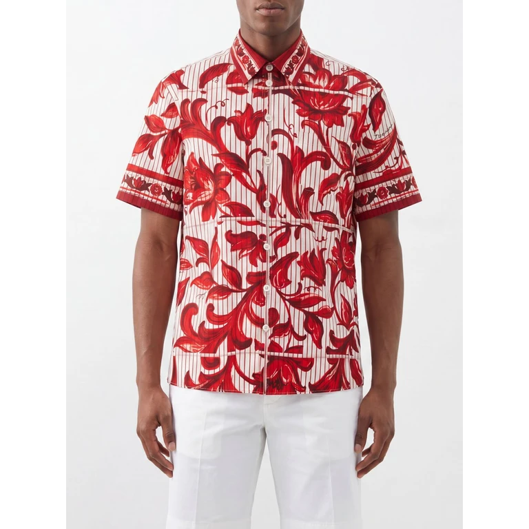 Bowling Shirt in Cotton with Striped Majolica Print (G5LG9THH5E3I63TN)