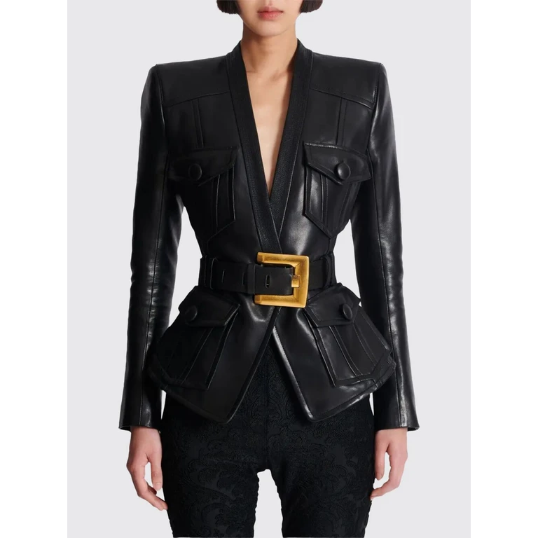 Cropped Lamb Leather Jacket with Belt and Padded Shoulders (FF1SI630LD630PA)