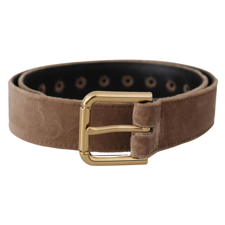 Dolce & Gabbana Light Brown Velvet Gold Tone Logo Metal Buckle Belt - Women