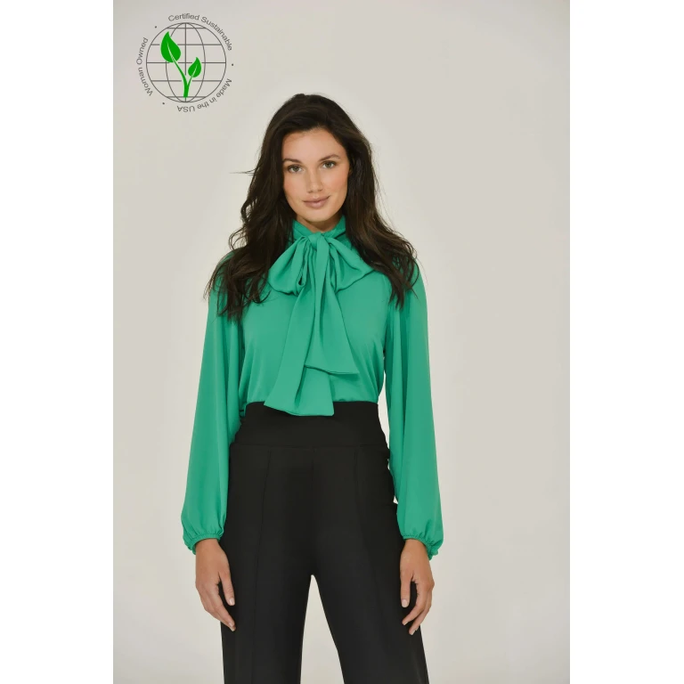 Emerald Green Long Sleeve Mandarin w/ Removable Bow