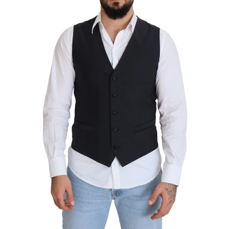Dolce & Gabbana Black Wool Stretch Waistcoat Formal Vest Clothing - Men