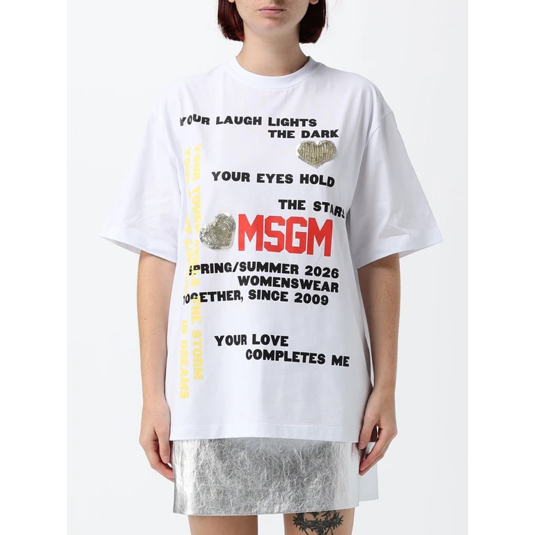 MSGM Oversized Cotton T-Shirt with Logo and Slogan Print (4042MDM102267002OPTICALWHITE)