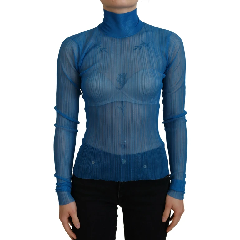 Dolce & Gabbana Blue Mesh Turtleneck Long Sleeve Blouse Top Polyester - Women