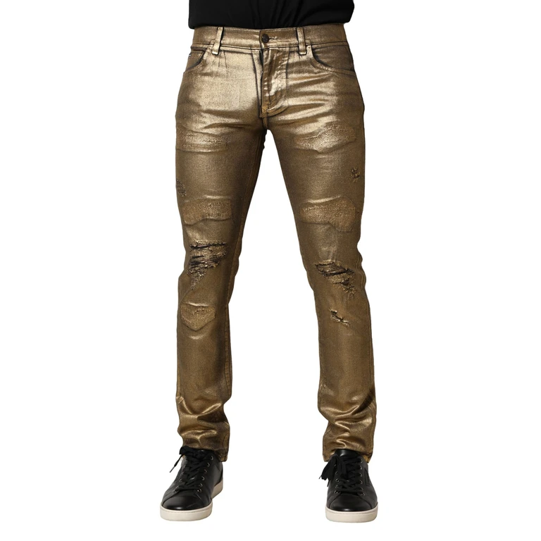 Dolce & Gabbana Gold Tattered Cotton Stretch Slim Denim Jeans Elastane Clothing - Men