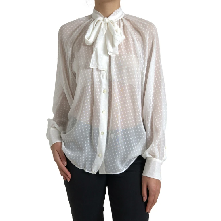 White Silk Sheer Tied Neck Polka Dots Blouse - Women