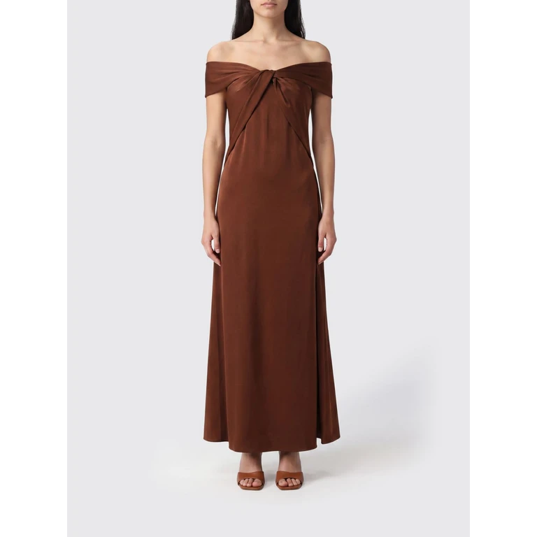 Long A-Line Gown in Viscose Blend with Off-the-Shoulder Design (HV37554647TABACCO)