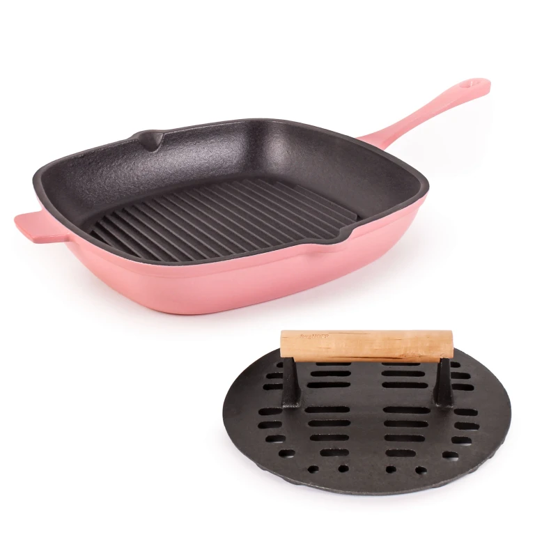 Neo 2pc Cast Iron 11" Grill Pan with Slotted Steak Press, Pink