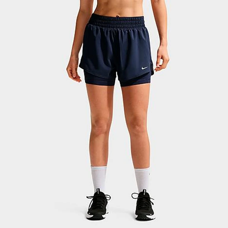 Nike Women's One Fitted Dri-FIT High-Waisted 3-Inch 2-in-1 Shorts in Midnight Navy/White Size: XXS