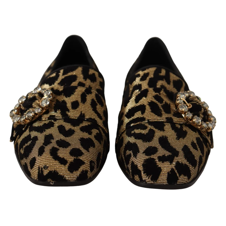 Dolce & Gabbana Gold Leopard Print Crystals Loafers Shoes Brown Cotton 10 % Viscose - Women