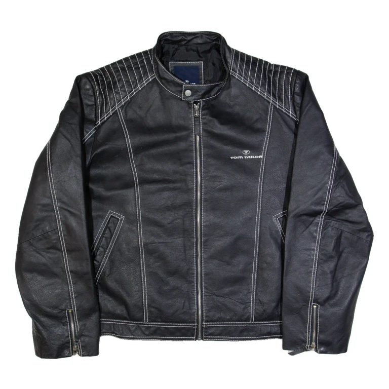 TOM TAILOR 007 Mens Biker Jacket Black Leather 90s XL