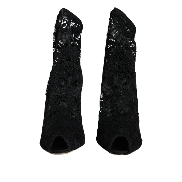 Dolce & Gabbana Black Lace Stretch Heels Mid Calf Boot Shoes Nylon Elastane Viscose - Women