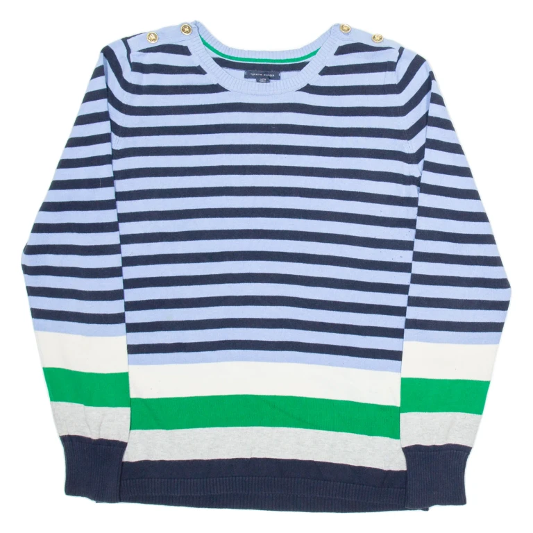 TOMMY HILFIGER Womens Patterned Jumper Blue Striped Tight Knit L
