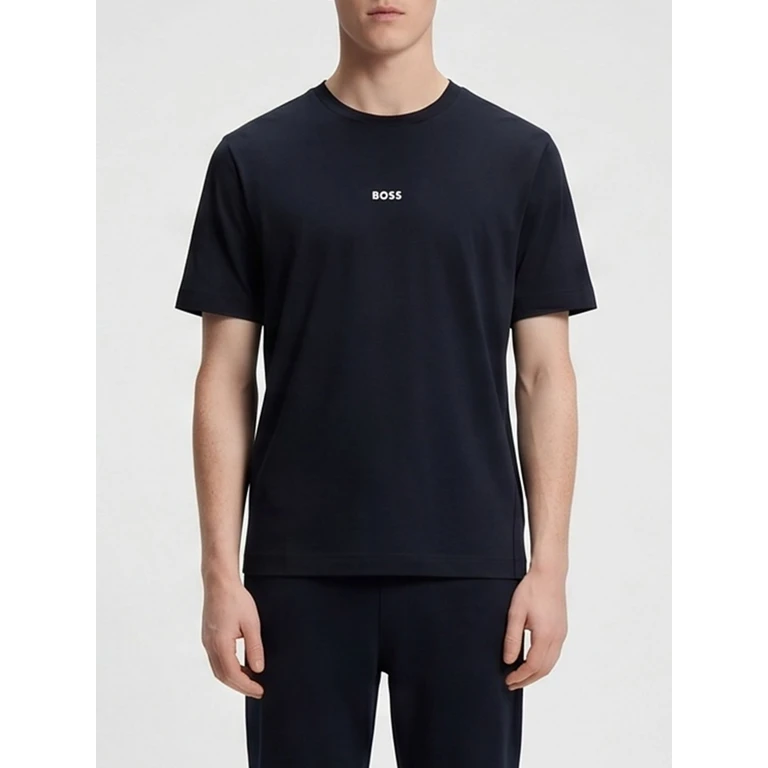 Crew Neck Stretch-Cotton T-shirt with Contrast Chest Logo (50473278404)