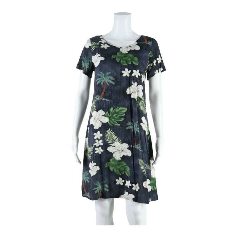 BISHOP ST APPAREL Hawaiian Womens Day Dress Blue Floral Short Sleeve Midi S