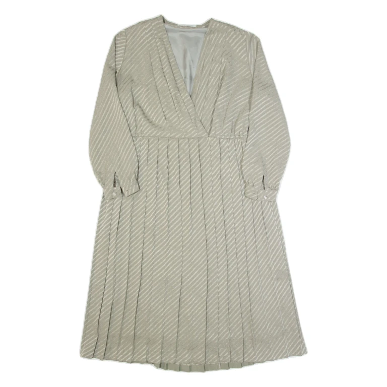 HAUT MONDE Womens Day Dress Grey 90s Striped Long Sleeve Midi L