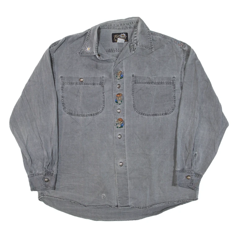TOP SPIRIT Mens Denim Shirt Grey Floral Long Sleeve L