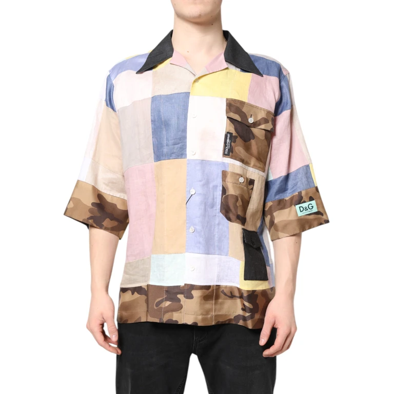 Dolce & Gabbana Multicolor Patchwork Short Sleeve Shirt Flax Silk Ramie Virgin Wool - Men