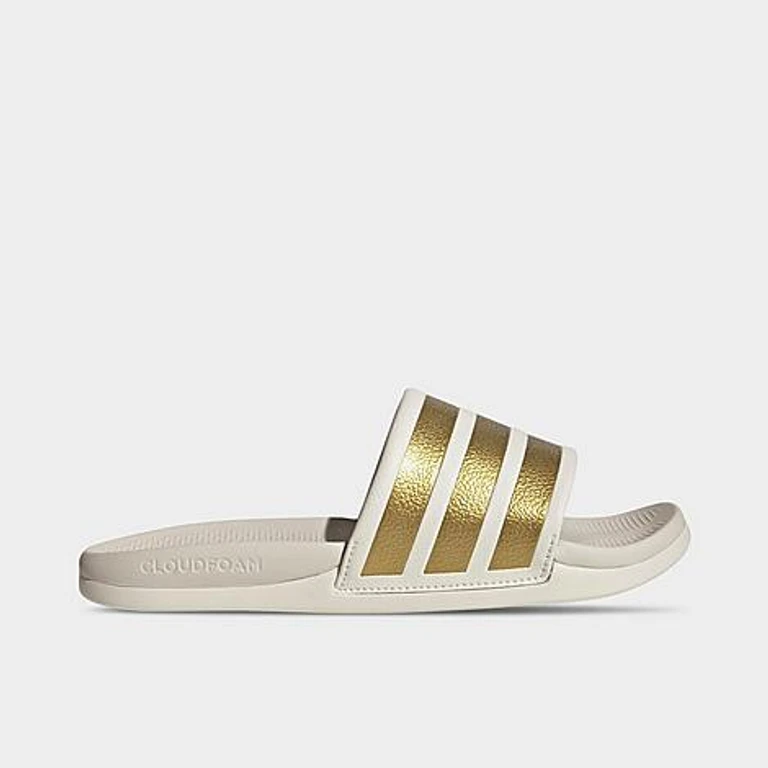adidas Women's Adilette Comfort 2.0 Slide Sandals in Off White/Gold Metallic/Chalk White Size: 5.0