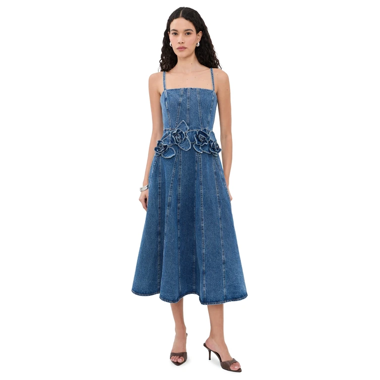 AKNVAS Eryn Denim Midi Dress with 3D Roses Blue Denim 12