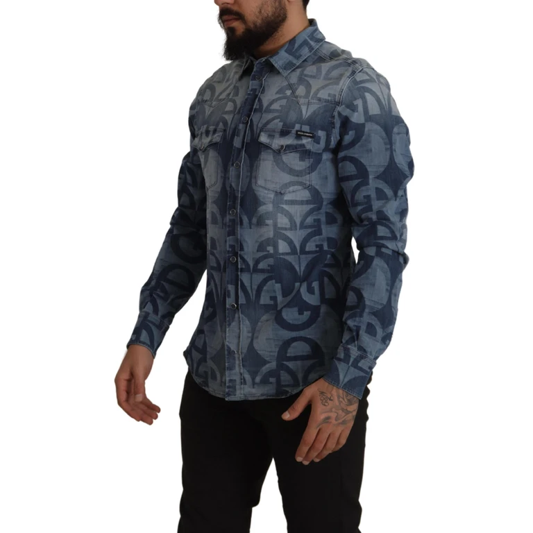Dolce & Gabbana Blue Denim Stretch Dg Logo Casual Mens Slim Shirt Cotton - Men