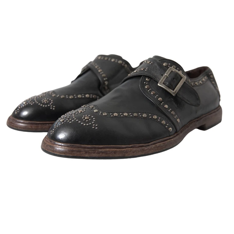 Dolce & Gabbana Black Leather Monk Strap Studded Dress Shoes Calfskin - Men