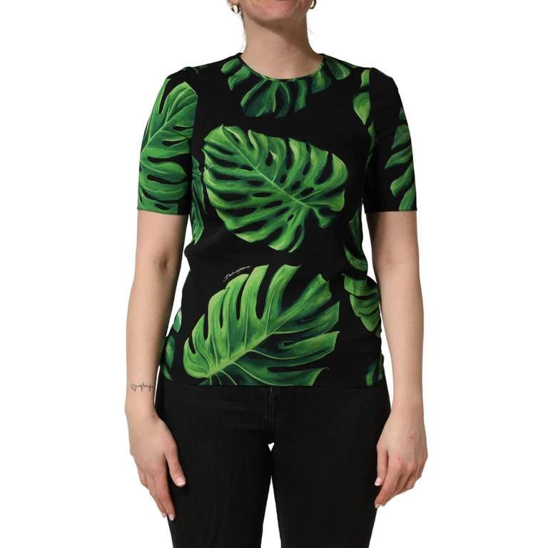 Dolce & Gabbana Black Philodendron Print Silk Blouse Top And Green Elastane - Women