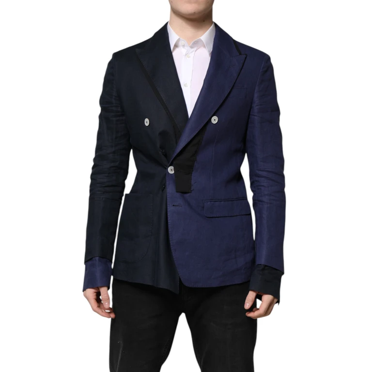 Navy Blue Double Breasted Suit Coat Blazer Flax Virgin Wool Elastane - Men