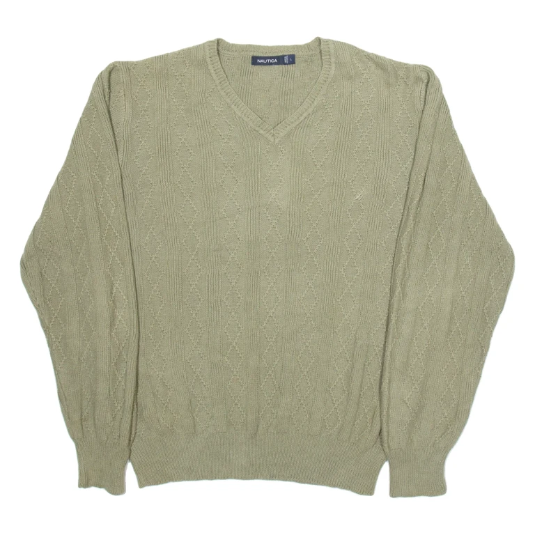 NAUTICA Mens Jumper Green Diamond V-Neck Tight Knit L
