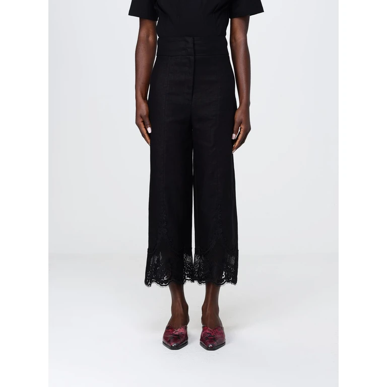 Linen Cropped Trousers with Lace Inserts (261TT218400006)