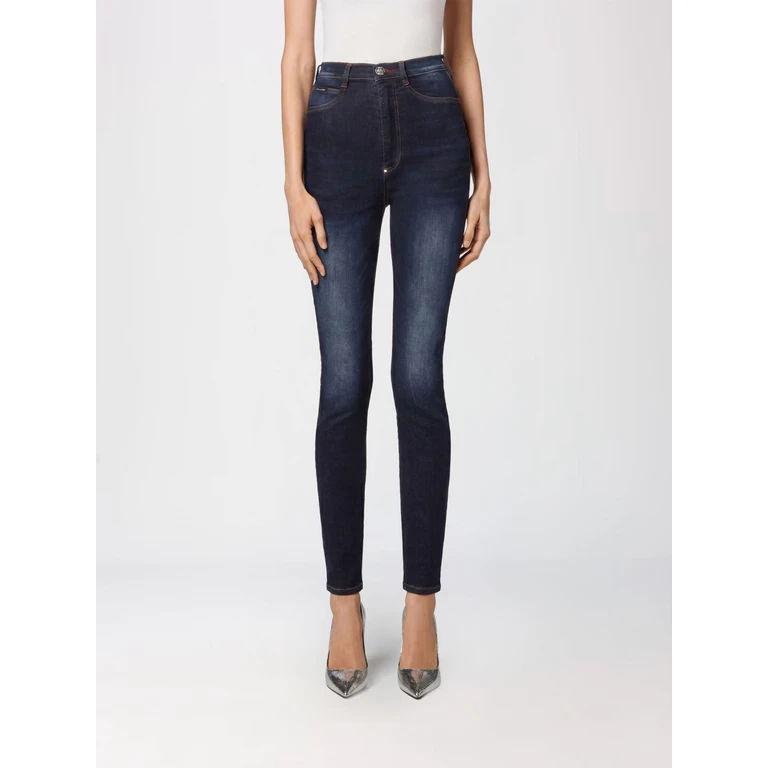 High-Waisted Cropped Skinny Stretch Jeans with Used Effect (FAACWDT1687PDE004N14DS)