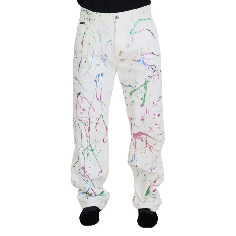 Dolce & Gabbana White Cotton Splash Print Denim Pants - Men