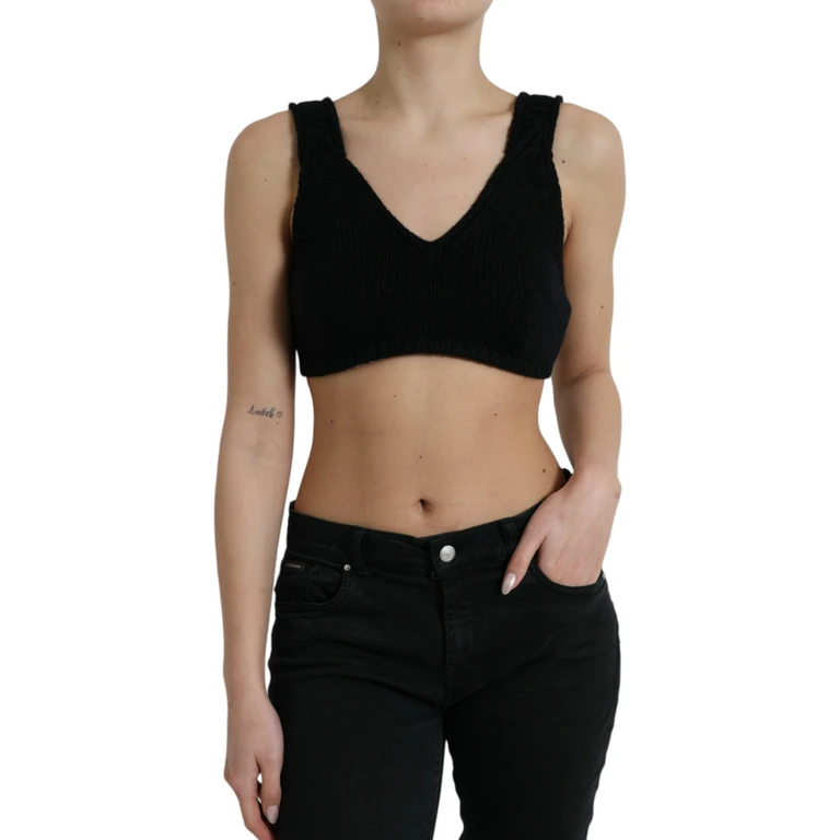 Black Cropped Cashmere V-Neck Bustier Top - Women