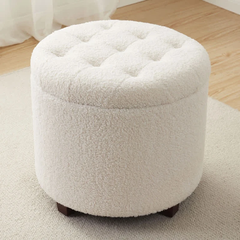 White Boucle Round Tufted Storage Ottoman