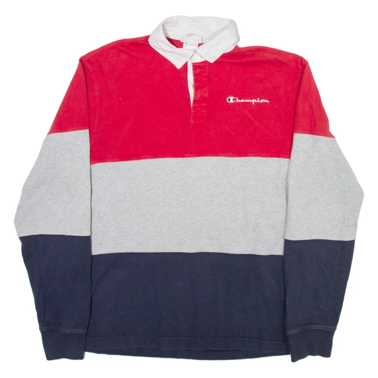 CHAMPION Mens Polo Shirt Grey Striped Long Sleeve M
