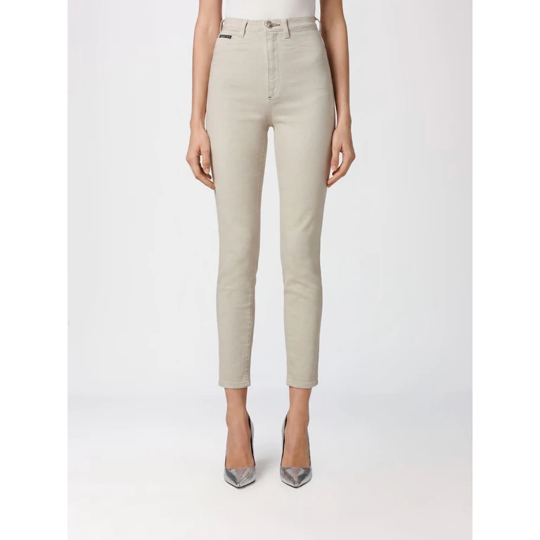High-Waisted Cropped Skinny Stretch Jeans with Used Effect (FAACWDT1687PDE004N06BT)