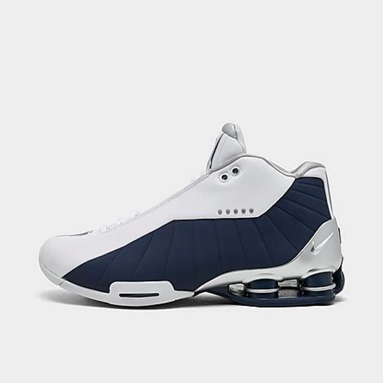 Nike Men's Shox BB4 Basketball Shoes in White/Midnight Navy/Metallic Silver Size: 7.5