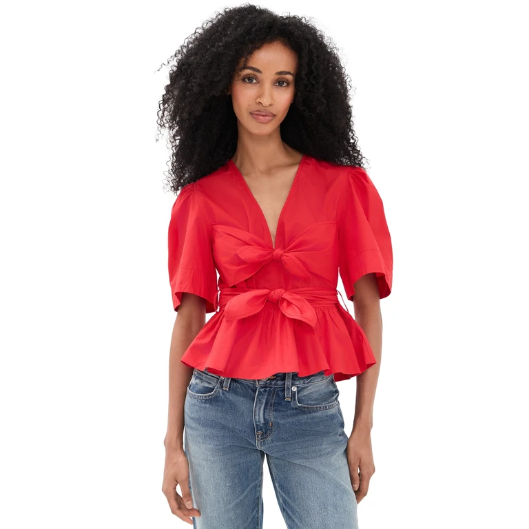 Cotton Poplin Bow Blouse Racing Red 34