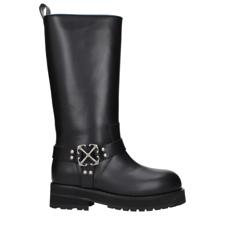 Off-White Black Leather Flat Boots - Women