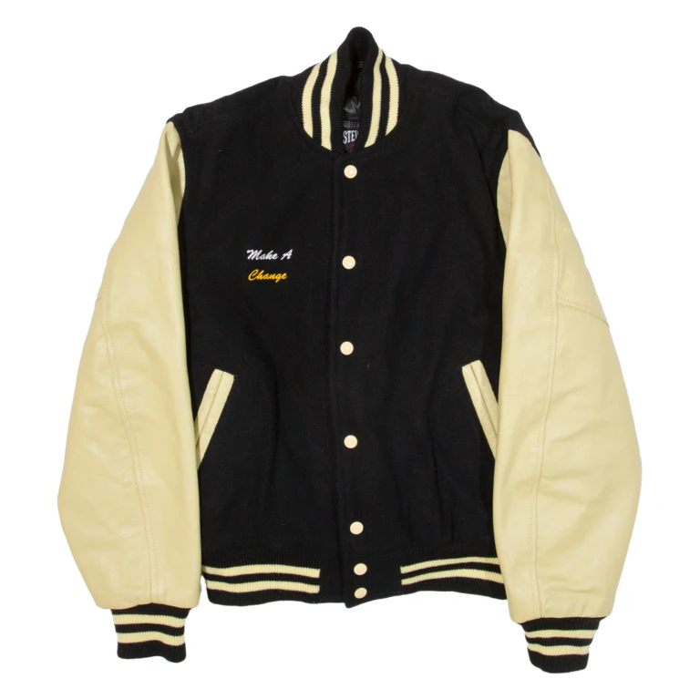 STEWART & STRAUSS Make A Change Quilted Lined Mens Varsity Jacket Black Knit Wool S