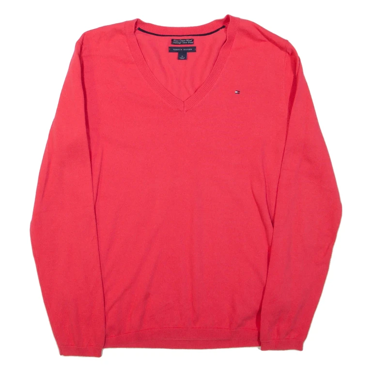 TOMMY HILFIGER Womens Jumper Pink V-Neck Tight Knit M