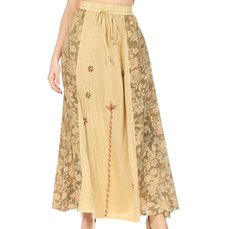 Sakkas Maran Women's Boho Embroidery Skirt with Lace Elastic Waist and Pockets
