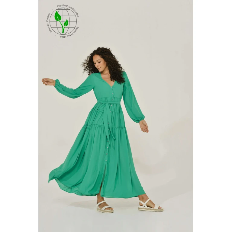 Emerald Green Long Sleeve Chiffon Maxi Dress