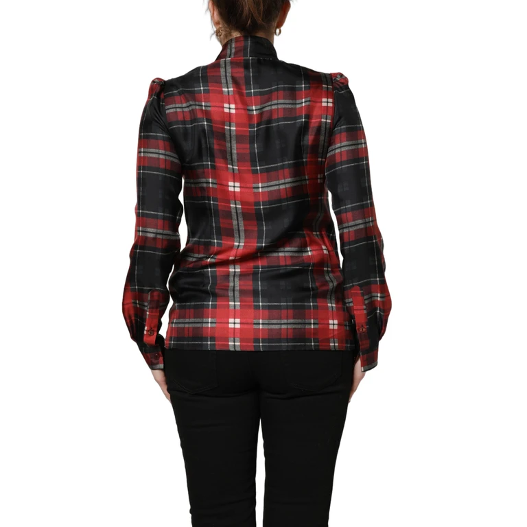 Red Black Plaid Silk Tie-Neck Blouse Top And - Women
