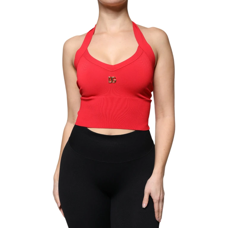 Red Viscose Sleeveless Halter Cropped Tank Top Nylon Polyester Pu - Women